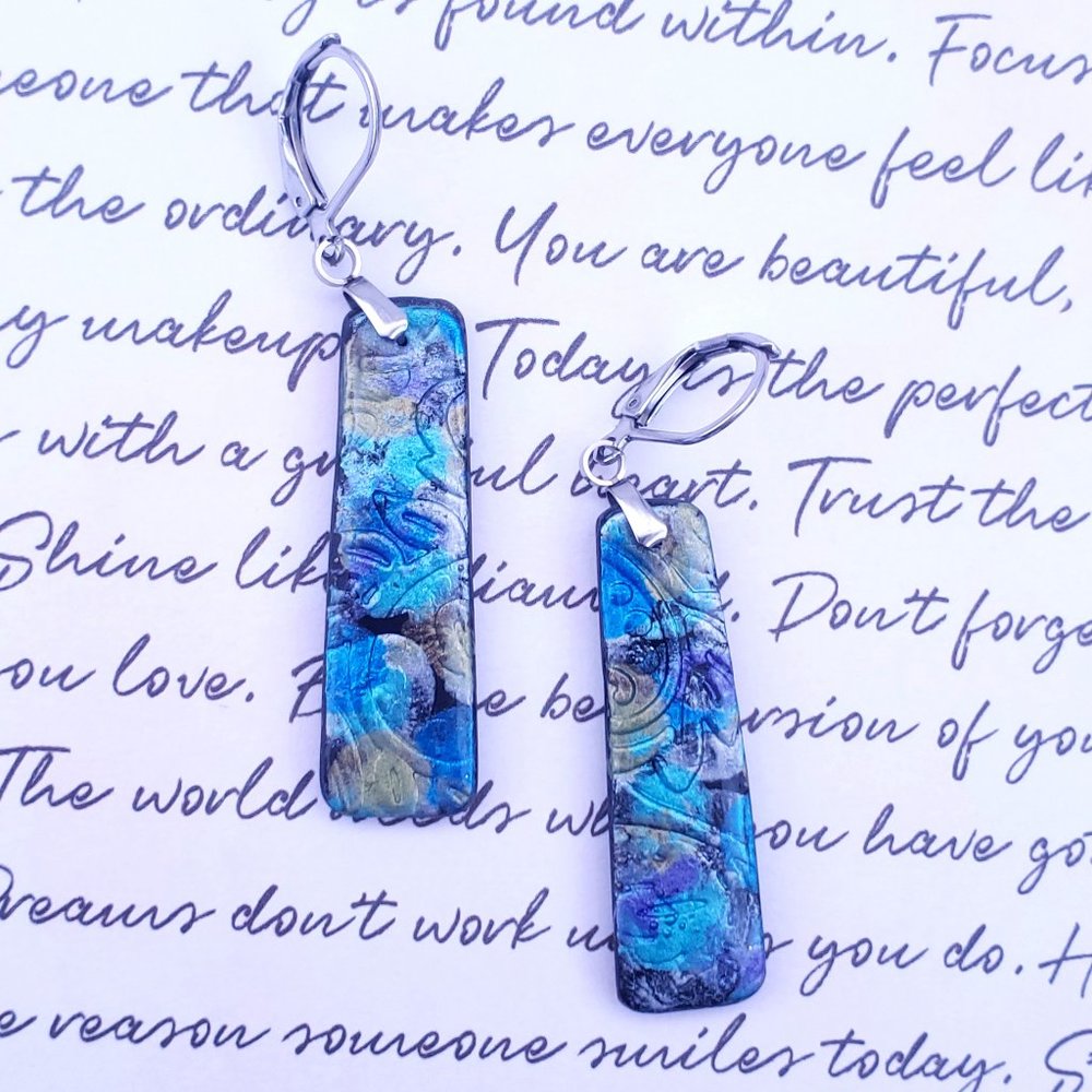 Painted & Embossed Polymer Clay Bar Earrings